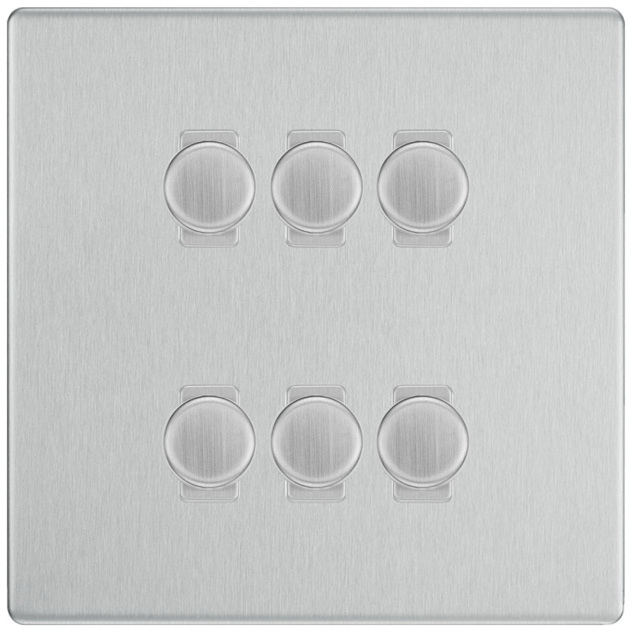 BG Brushed Steel Screwless Flat Plate 6 Gang Trailing Edge LED Dimmer Light Switch 2 Way Custom Switch