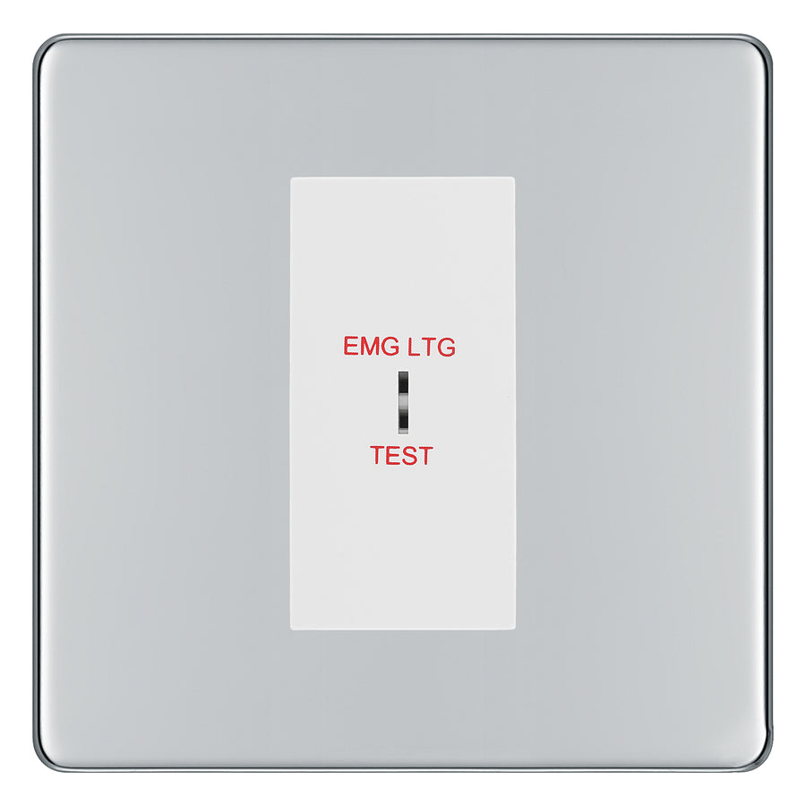 BG Flatplate Screwless Polished Chrome 20AX 2 Way Emergency Lighting Test Key Switch - Key Included - White Insert