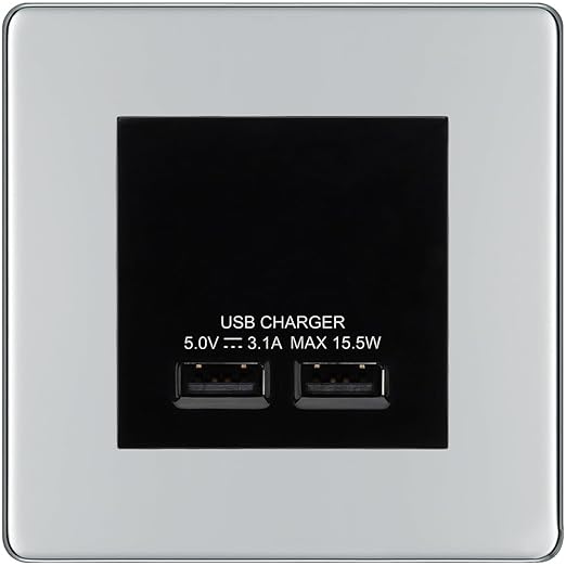 BG Screwless Polished Chrome Dual USB Charger 3.1A Output Socket - Black Insert