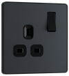 PCDMG21B Front - This Evolve Matt Grey 13A single switched socket from British General has been designed with angled in line colour coded terminals and backed out captive screws for ease of installation, and fits a 25mm back box making it an ideal retro-fit replacement for existing sockets.