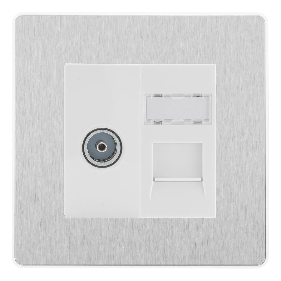 BG Evolve Brushed Steel TV Aerial & RJ45 CAT6 Data Socket - White Insert