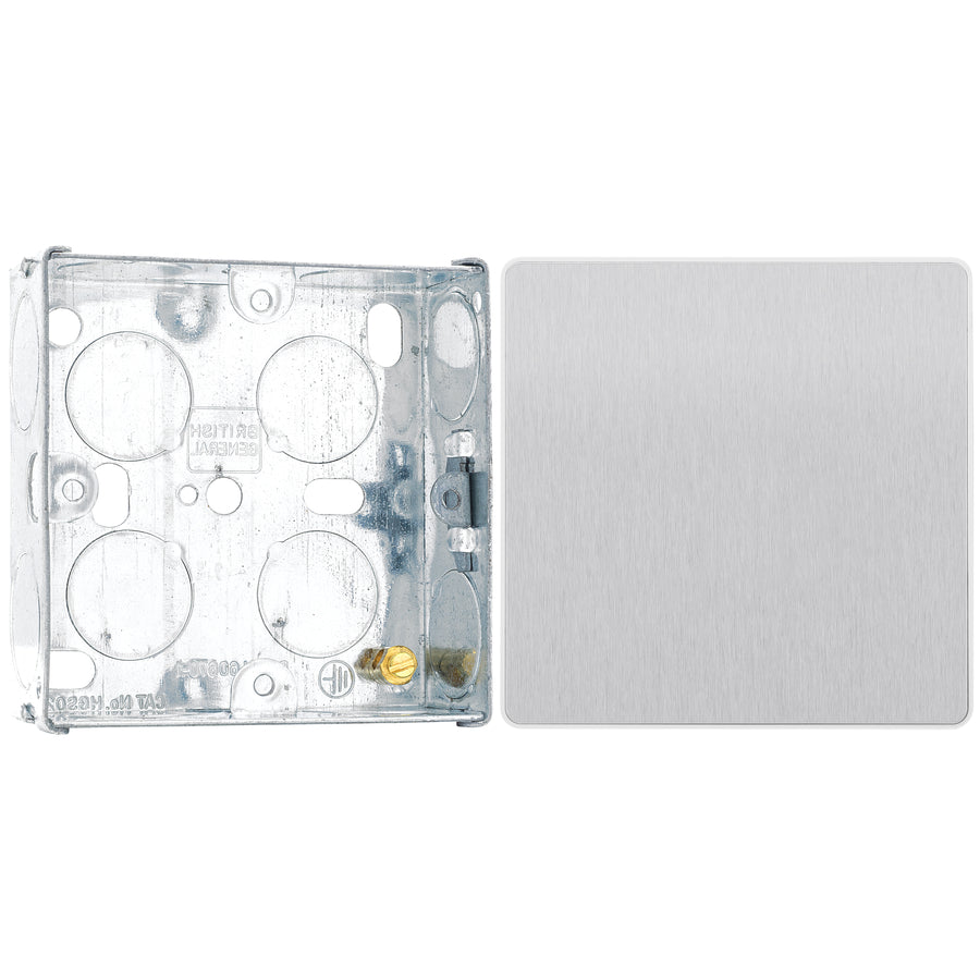 BG Evolve Brushed Steel 1 Gang Blank Plate PCDBS94W with 25mm Steel Back Box