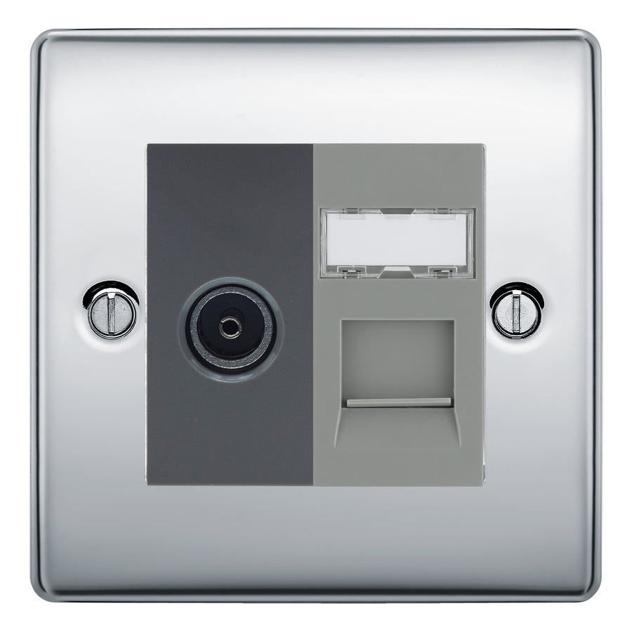 BG Nexus Polished Chrome TV Aerial & RJ45 CAT6 Data Socket - Grey Insert