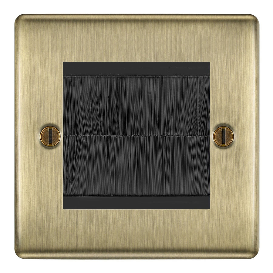 BG Antique Brass Single 2 Gang Brush Cable Entry Wall Plate Black