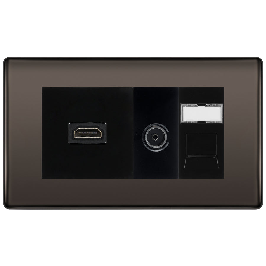 BG Nexus Black Nickel Media Wall Plate TV Aerial, HDMI & CAT6 Outlet - Black Insert