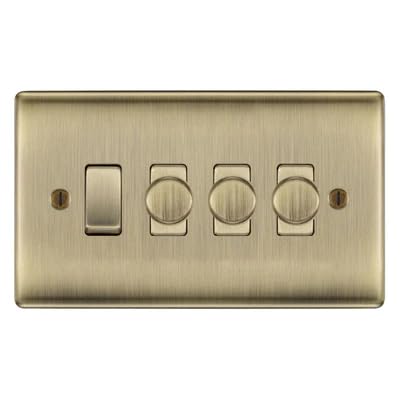 BG Nexus Antique Brass 4 Gang Switch 3x Trailing Edge LED Dimmer 1x Intermediate Custom Grid Switch