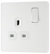 PCDCL21W Front - This Evolve pearlescent white 13A single switched socket from British General has been designed with angled in line colour coded terminals and backed out captive screws for ease of installation, and fits a 25mm back box making it an ideal retro-fit replacement for existing sockets.