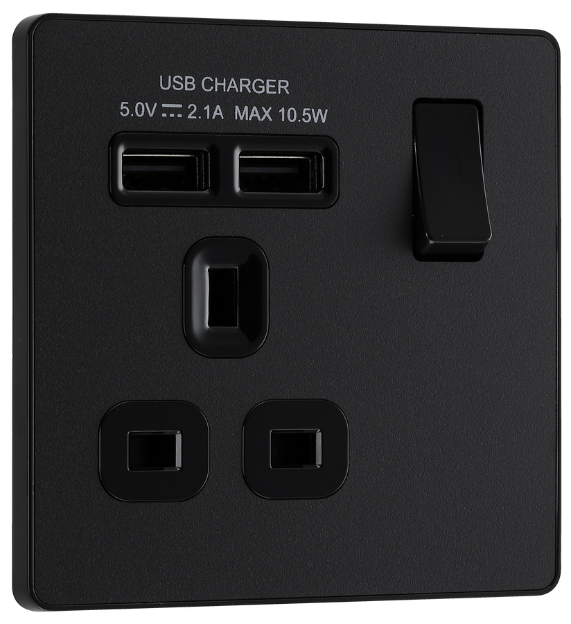 BG Evolve PCDMB21U2B Matt Black 1 Gang 13A 2.1A Socket-Black Insert