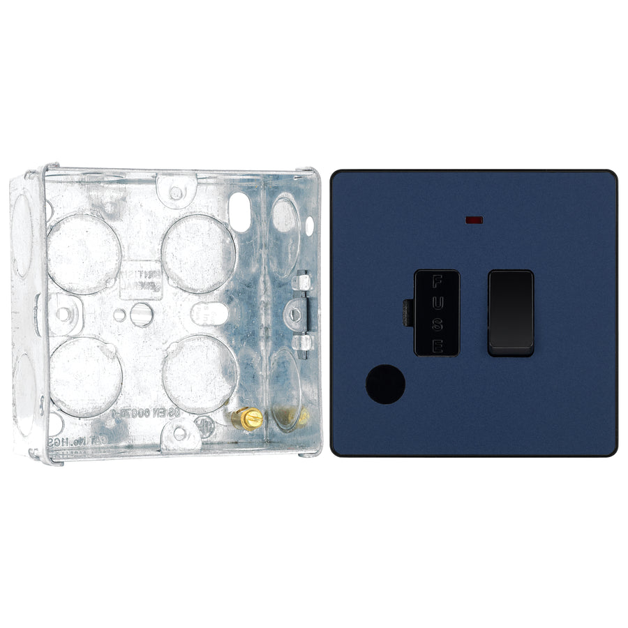 BG Evolve Matt Blue 13A Switched Spur with Neon and Flex Outlet PCDDB52B with 35mm Steel Back Box