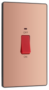 PCDCP72B Front - This Evolve Polished Copper 45A double pole switch with indicator from British General is ideal for use with cookers and has a large mounting plate measuring 146mm high x 86mm wide.