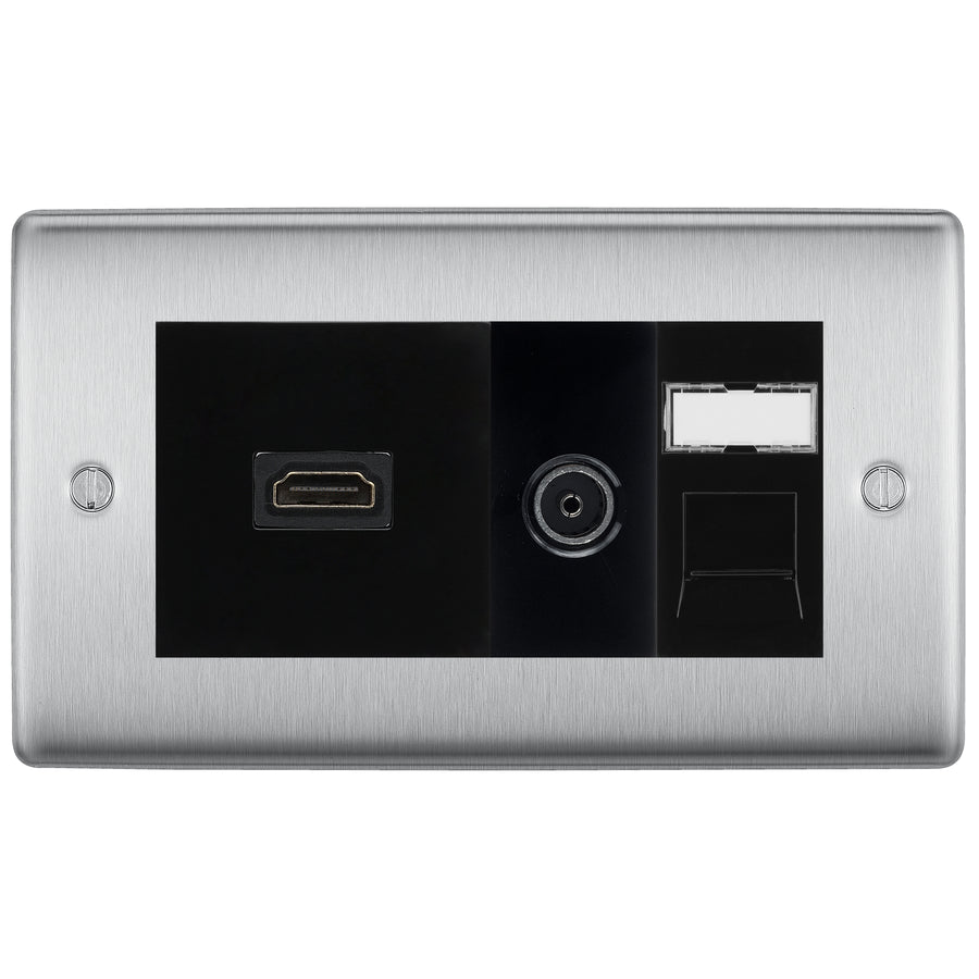 BG Nexus Brushed Steel Media Wall Plate TV Aerial, HDMI & CAT6 Outlet - Black Insert