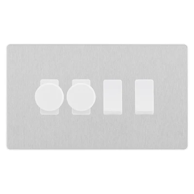 BG Evolve Brushed Steel 4 Gang Light Switch Grid – 2x Trailing-Edge LED Dimmer, 1x Intermediate, 1x 2-Way Switch