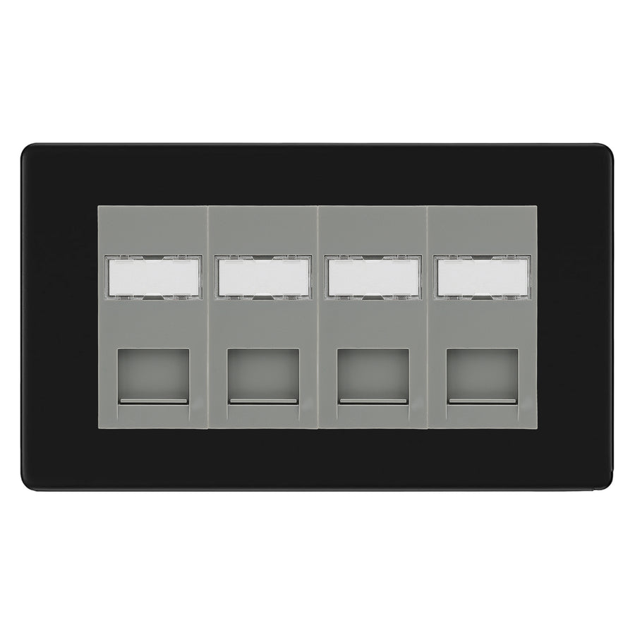BG Screwless Matt Black 4 Gang RJ45 CAT6 Data Socket Grey Inserts