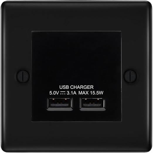 BG Nexus Metal Matt Black Dual USB Charger 3.1A Output Socket - Black Insert