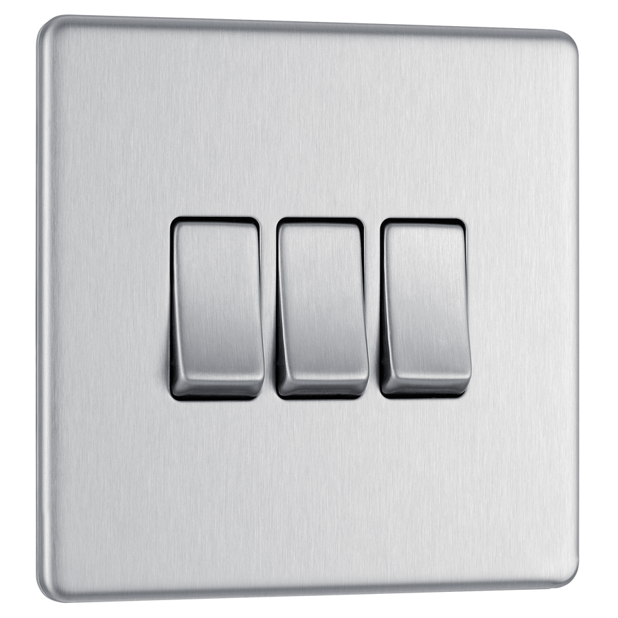 Newlec British General FBS43 Nexus Flatplate Screwless Brushed Steel 3 Gang 20A 16AX 2 Way Light Switch