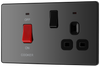 PCDBC70B Front - This Evolve Black Chrome 45A cooker control unit from British General includes a 13A socket for an additional appliance outlet, and has flush LED indicators above the socket and switch.