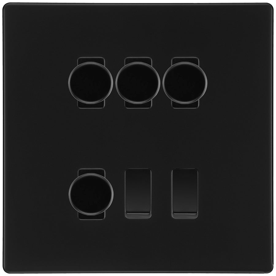 BG Screwless Matt Black 6 Gang Switch 4x Trailing Edge LED Dimmer 2x Intermediate Custom Grid
