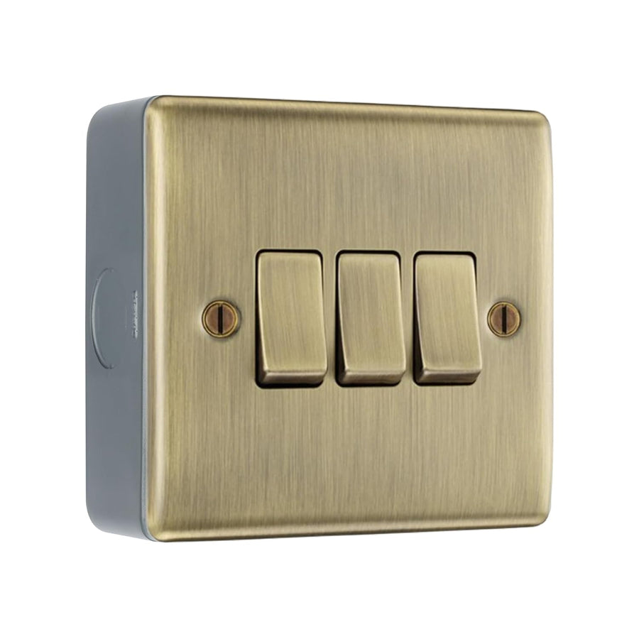 Antique Brass 3 Gang Triple Light Switch & Surface Pattress Back Box