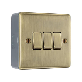Antique Brass 3 Gang Triple Light Switch & Surface Pattress Back Box