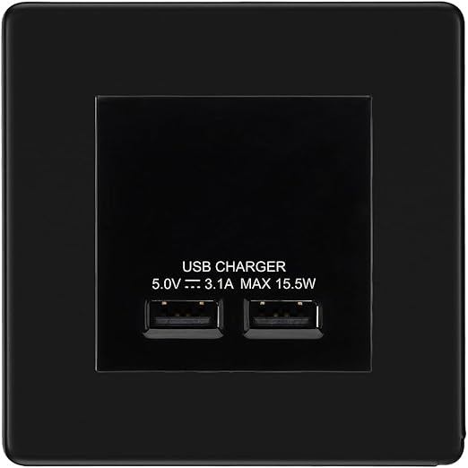 BG Screwless Matt Black Dual USB Charger 3.1A Output Socket - Black Insert