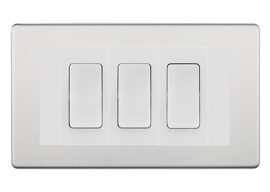 BG Brushed Steel Screwless 3G Switch 1x Intermediate 2x 2 Way Switch - White Insert