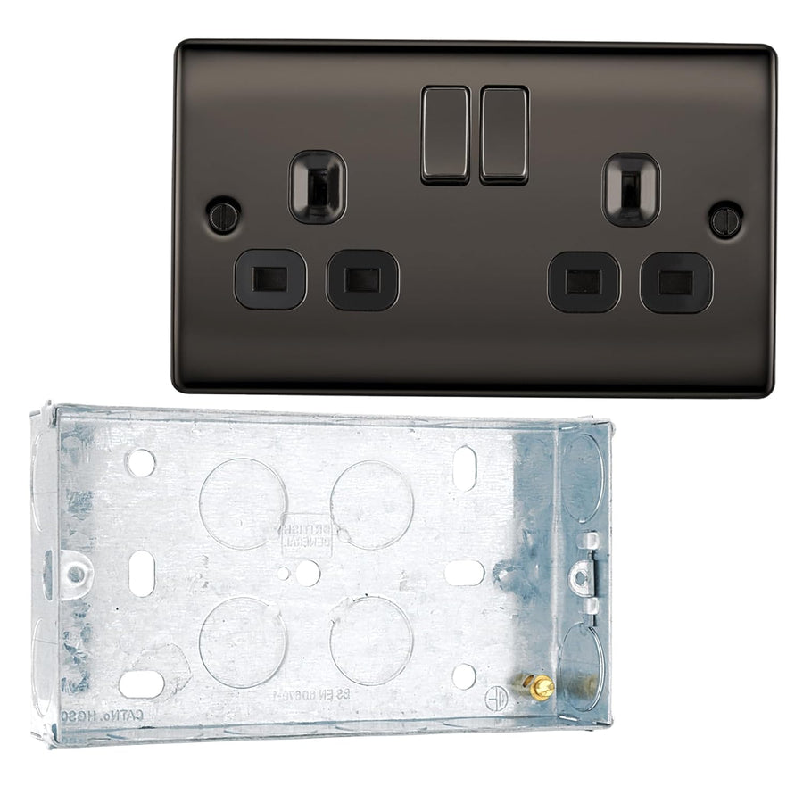 BG Nexus Black Nickel 13A 2 Gang Switched Double Socket NBN22B and 25mm Steel Back Box