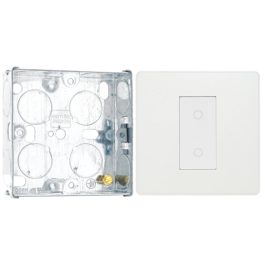 BG Evolve Pearlescent White 1 Gang 200W Trailing Edge Master Touch Dimmer PCDCLTDM1W with 25mm Steel Back Box