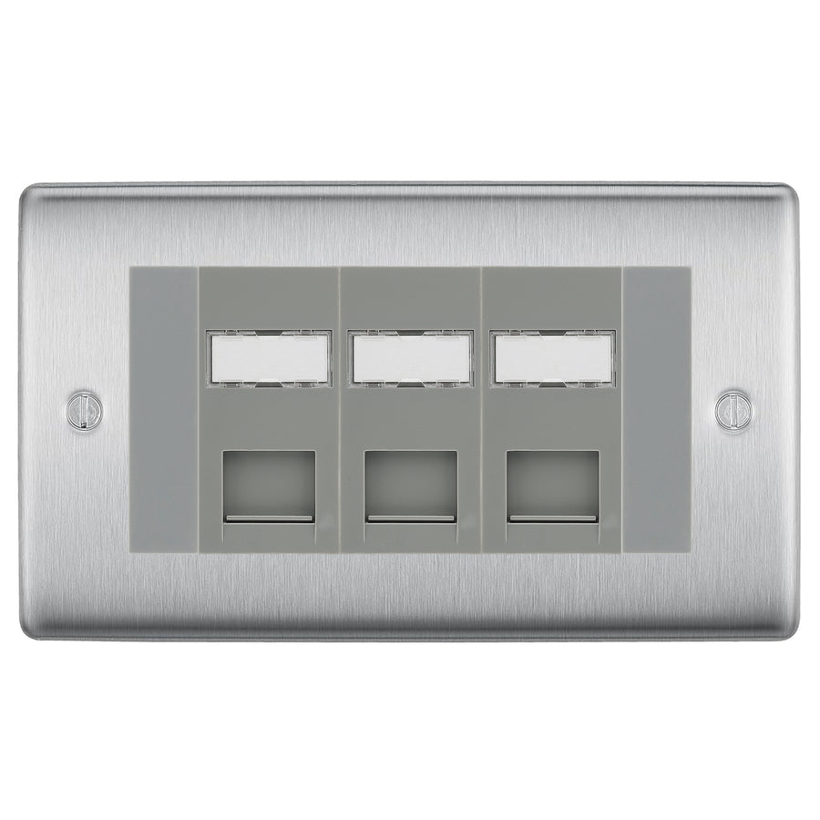 BG Nexus Brushed Steel 3 Gang RJ45 CAT6 Data Socket Grey Inserts