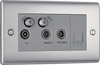 NBS69 Front - This screened Quadplex socket from British General has an outlet for TV FM and 2 satellites, plus a return and shuttered telephone socket.