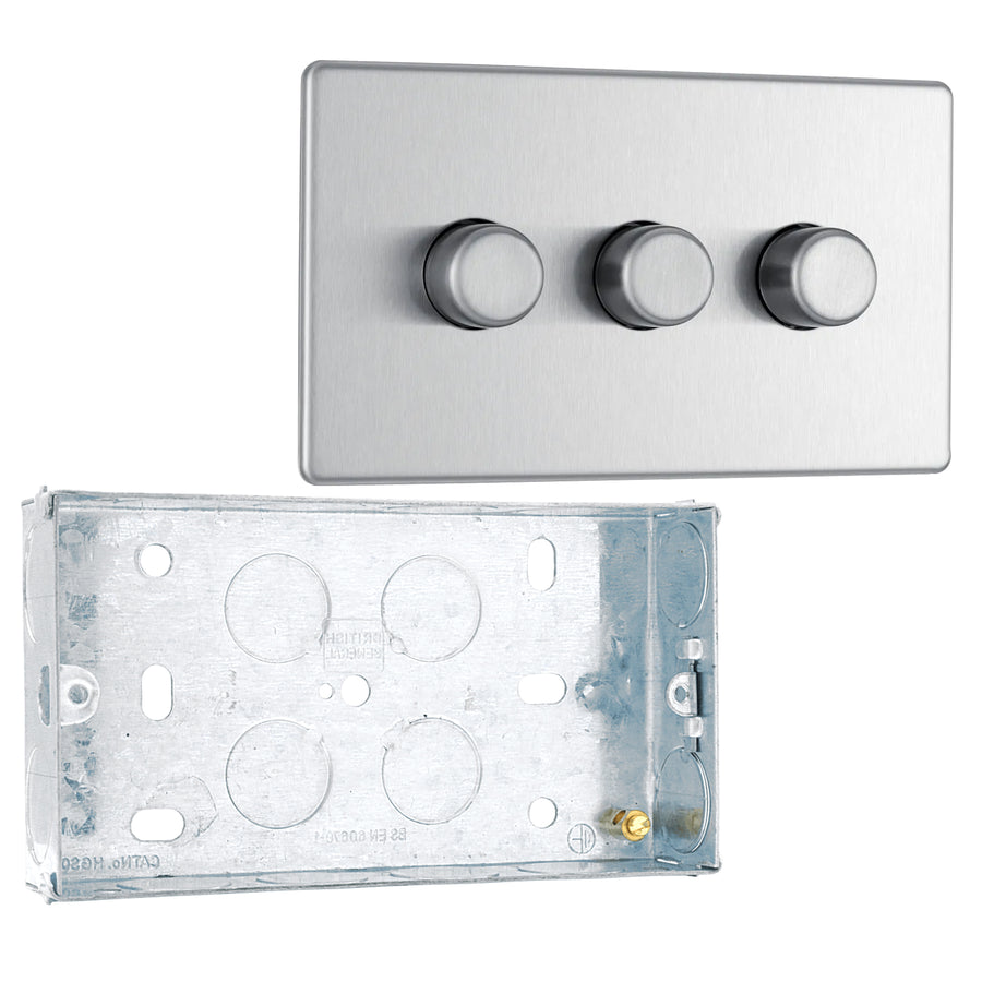 BG Screwless Brushed Steel 200W 2 Way Triple Trailing Edge Dimmer Switch FBS83 with 25mm Steel Back Box