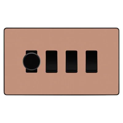 BG Evolve Polished Copper 4 Gang Switch 1x Trailing Edge LED Dimmer 3x Intermediate Custom Grid Switch