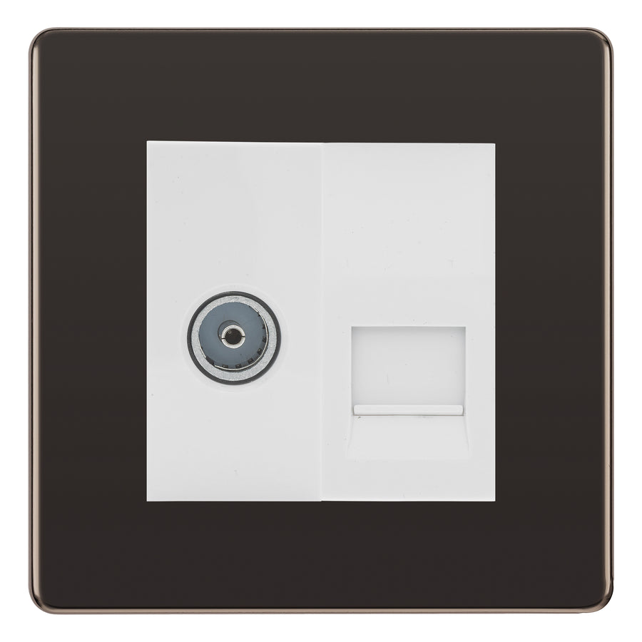BG Screwless Black Nickel TV Aerial & Master Telephone Socket — White Insert