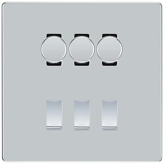 BG Screwless Polished Chrome 6 Gang Switch 3x Trailing Edge LED Dimmer 3x Intermediate Custom Grid Switch