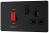 PCDMB70B Front - This Evolve Matt Black 45A cooker control unit from British General includes a 13A socket for an additional appliance outlet, and has flush LED indicators above the socket and switch.