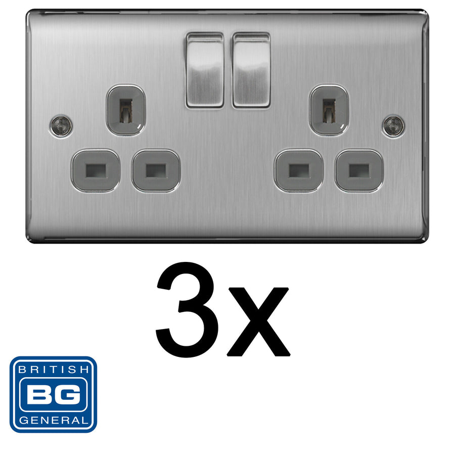 BG Brushed Steel Satin Chrome Double Socket NBS22G Multipack 2 Gang Twin Socket