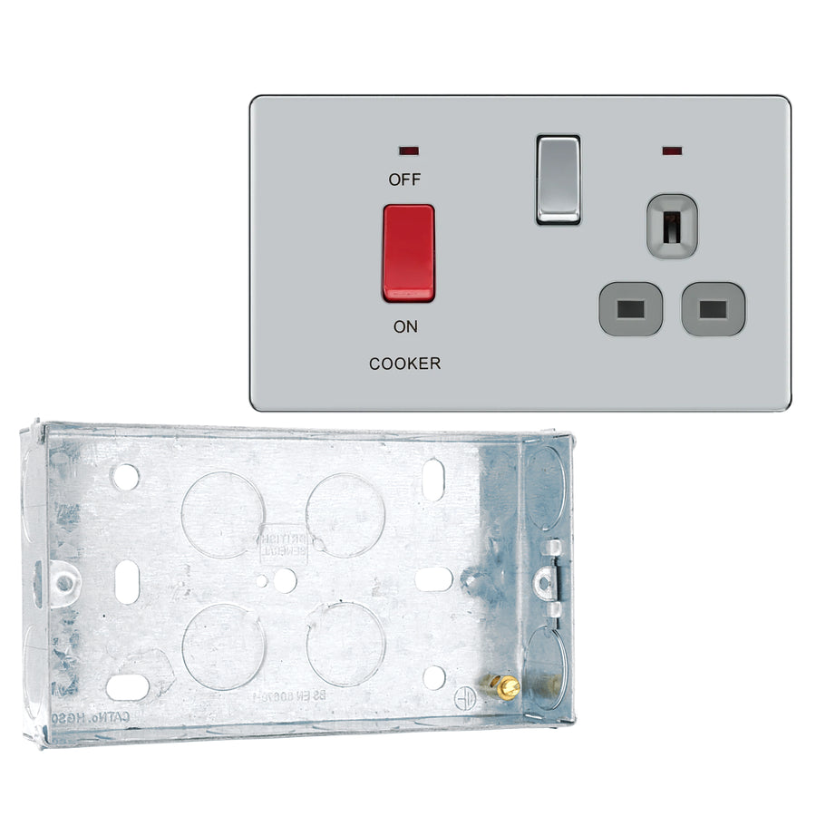 BG Screwless Polished Chrome 45A 2 Pole Cooker Neon Socket Switch FPC70G with 25mm Steel Back Box