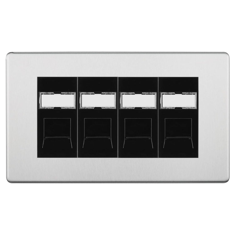 BG Screwless Brushed Steel 4 Gang RJ45 Cat6 Data Socket Outlet Black Inserts