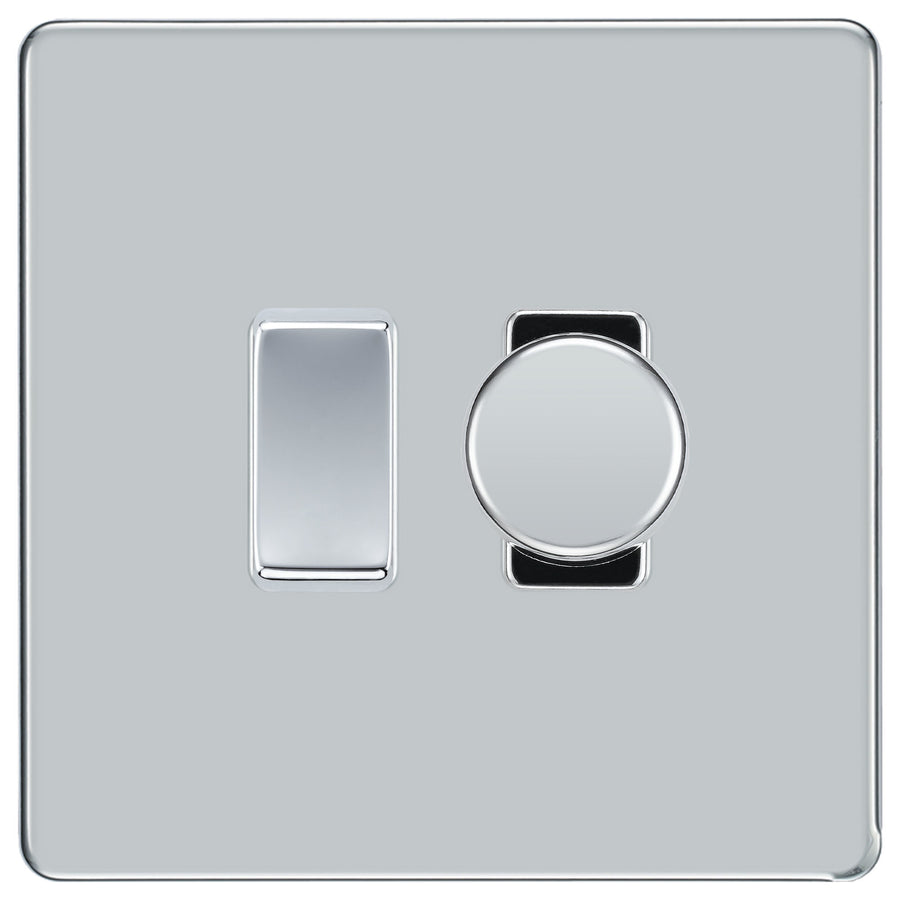 BG Polished Chrome Screwless Flat Plate 2 Gang Light Switch 1x Trailing Edge LED Dimmer 1x 2 Way Custom Switch