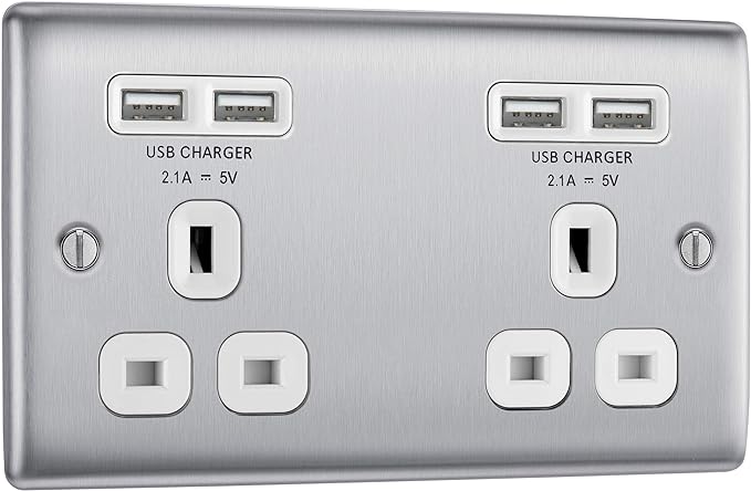 BG NBS24U44W Nexus Metal Brushed Steel 2 Gang 13A 4x USB-A 4.2A Unswitched Socket - White Insert