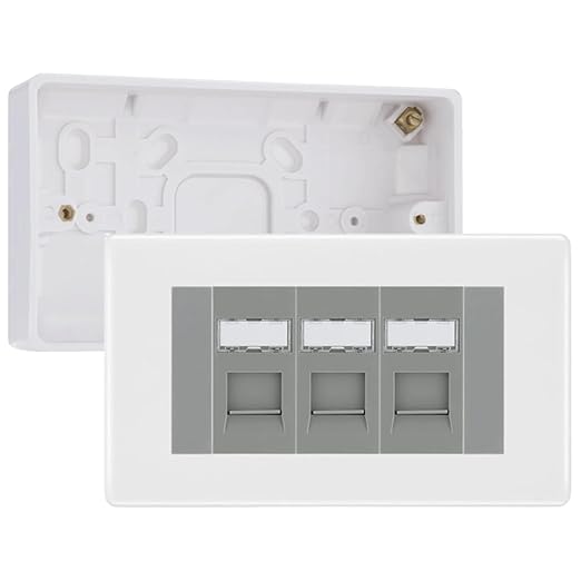 BG Nexus White RJ45 CAT6 Module with 3 Gang Faceplate, 3 Port Network Socket & 32mm Back Box (Grey Insert)