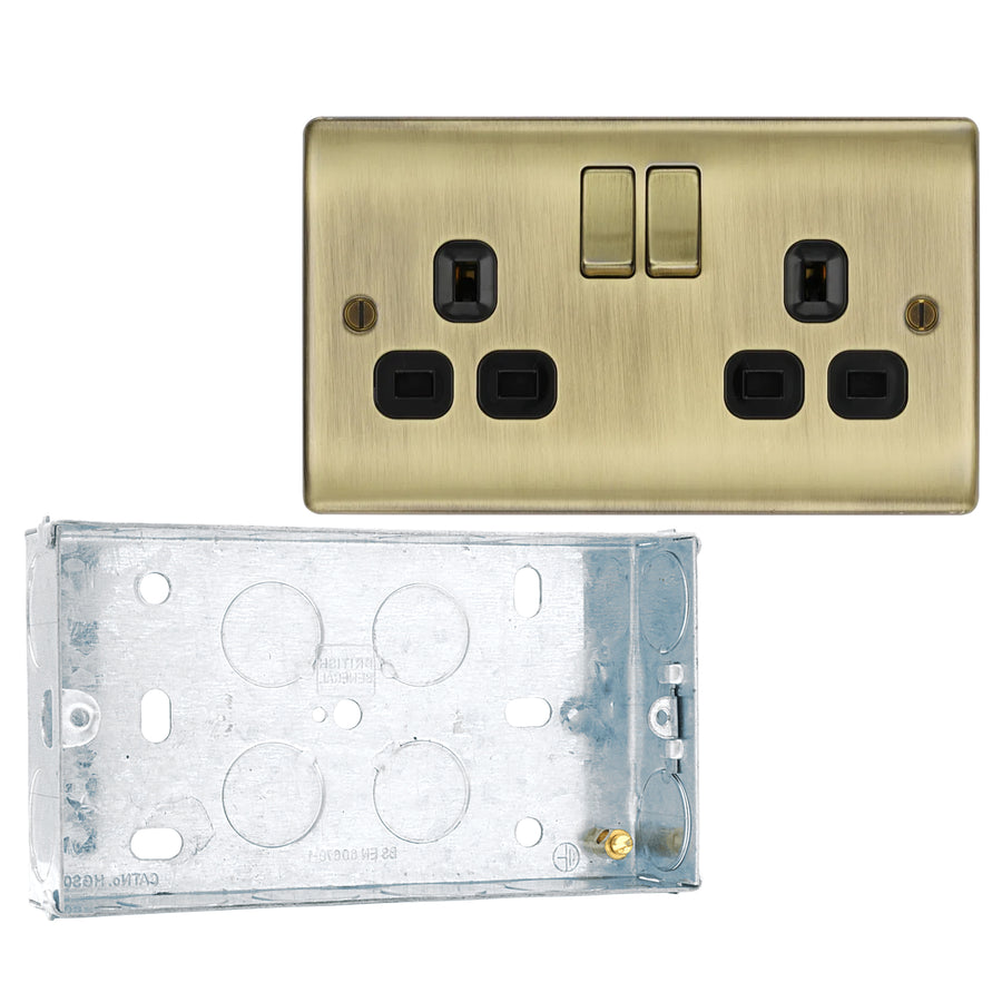 BG Nexus Antique Brass 13A Double Switched Socket NAB22B with 25mm Steel Back Box