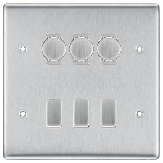 BG Nexus Brushed Steel 6 Gang Switch 3x Trailing Edge LED Dimmer 3x 2Way Custom Switch