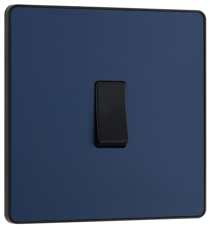 PCDDB12B Front - This Evolve Matt Blue 20A 16AX single light switch from British General will operate one light in a room. The 2 way switching allows a second switch to be added to the circuit to operate the same light from another location (e.g. at the top and bottom of the stairs). 