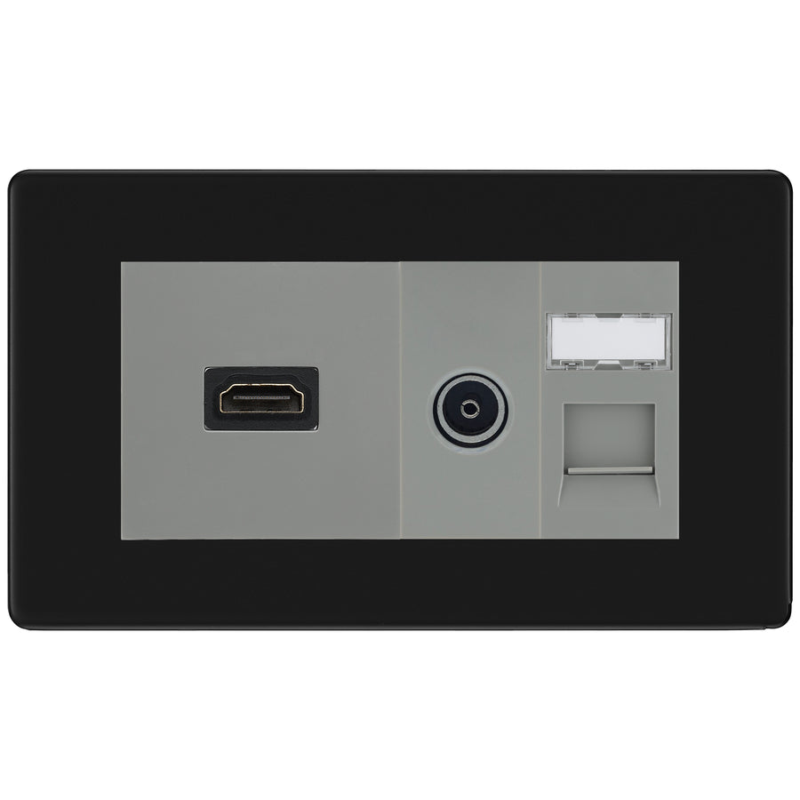 BG Screwless Matt Black Media Wall Plate TV Aerial, HDMI & CAT6 Outlet – Grey Insert