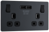 PCDMG22U3B Front - This Evolve Matt Grey 13A double power socket from British General comes with two USB charging ports, allowing you to plug in an electrical device and charge mobile devices simultaneously without having to sacrifice a power socket.