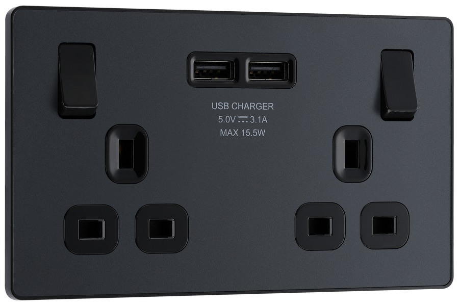 PCDMG22U3B Front - This Evolve Matt Grey 13A double power socket from British General comes with two USB charging ports, allowing you to plug in an electrical device and charge mobile devices simultaneously without having to sacrifice a power socket.