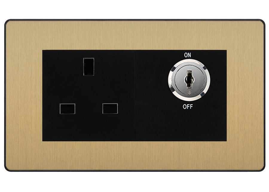 BG Evolve Satin Brass 13A Double Pole Key Controlled Socket – Black Inserts