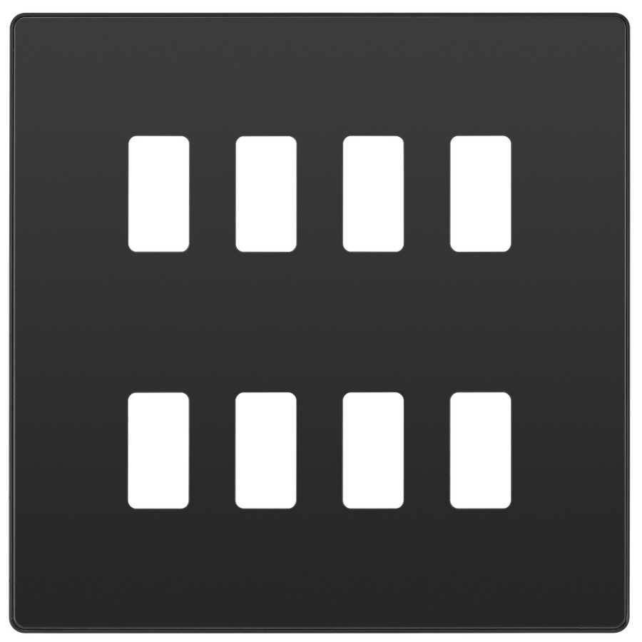 RPCDBC8B Front - The Grid modular range from British General allows you to build your own module configuration with a variety of combinations and finishes. This black chrome finish Evolve front plate clips on for a seamless finish, and can accommodate 8 Grid modules - ideal for commercial applications.