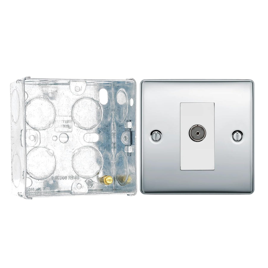 BG Nexus Polished Chrome 1 Gang Isolated Co-Axial Socket NPC62 with 35mm Steel Back Box