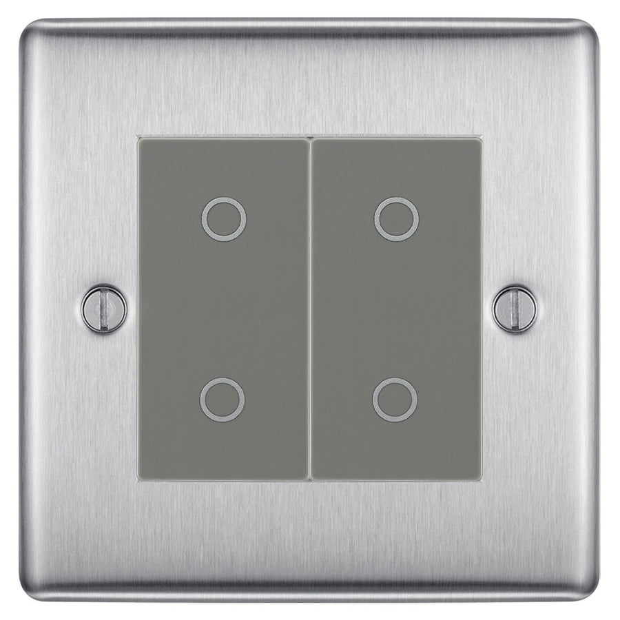 BG Nexus Brushed Steel Double Secondary Touch Dimmer Switch Grey Inserts NBSTDS2G